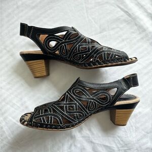 Pikolinos Women's Black Leather Paris Slingback Peep Toe Heels